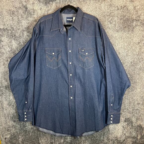 Wrangler Denim Pearlsnap Shirt Mens Tall 18.5 x 38 Blue Cowboy Western Dark Wash - Picture 1 of 10